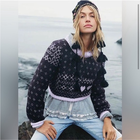 Free People Snow Globe Alpaca Wool Blend Pullover Sweater Black Purple sz Med - Picture 2 of 6